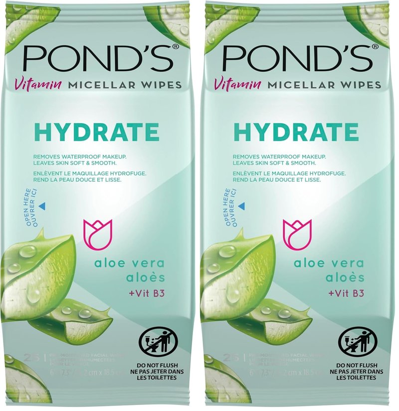 Pond's Vitamin Micellar Wipes - Hydrating Aloe Vera for Dry Skin | 25 Wipes (Pack of 2)
