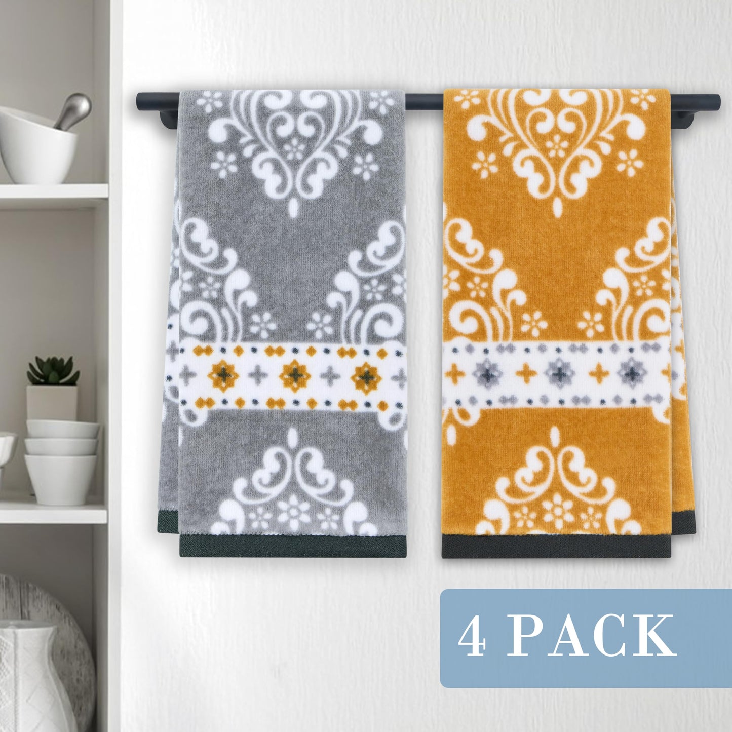 Print Hand Towels for Bathroom (15"x25", 4PC) - 100% Cotton | Not Thick | Soft | Absorbent | 400 GSM | Fluffy, Bathroom Towels Decorative Set for Guest/Daily Use, 2 Gray Damask + 2 Gold Damask