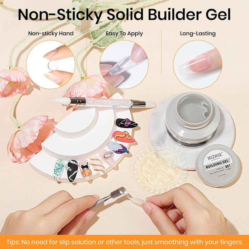 MIZHSE Solid Builder Gel - 1 oz Clear Non Stick Hand Hard Gel with 6 Colors Chrome Powder Nail Form Extension Kit for Nail Salon Home DIY