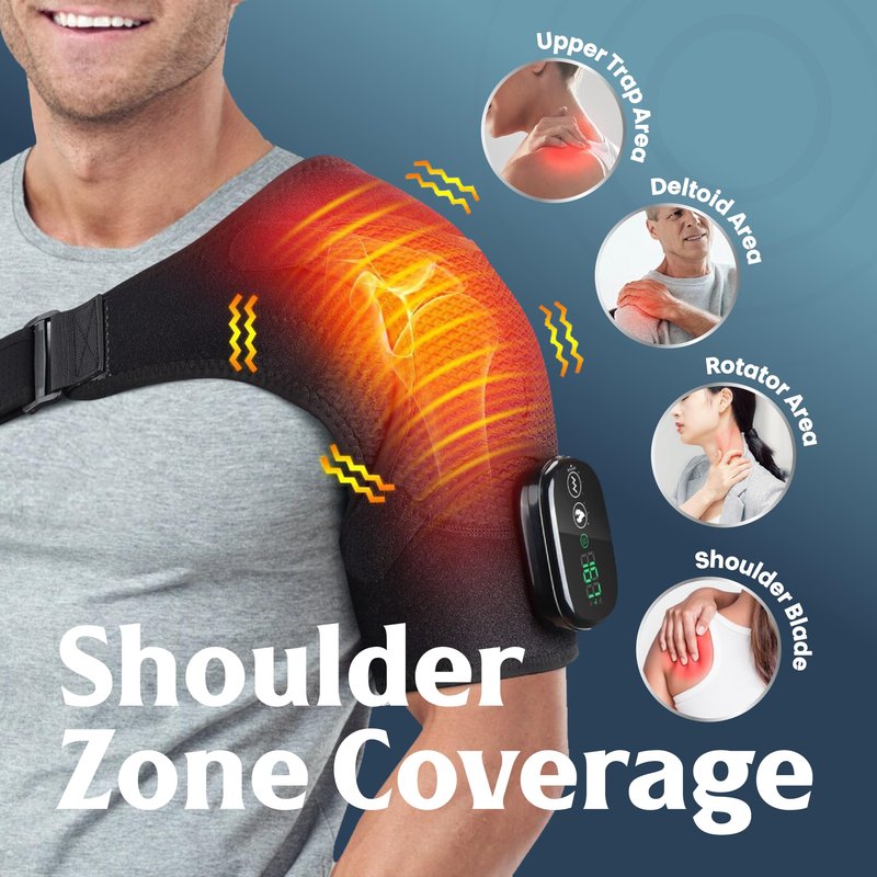 ShoulderRestore Shoulder Heating Pad with Massager - Cordless Heated Compression Support Brace with Vibration Massage - Rechargeable Electric Massaging Heat Wrap - Adjustable Fit for Men and Women