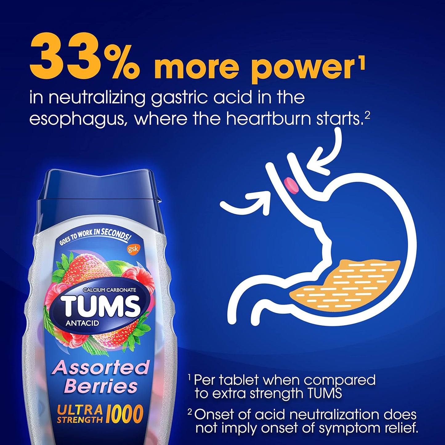 TUMS Ultra Strength Antacid Tablets - Chewable Heartburn Relief | Assorted Berries, 12 Pack of 12 Count Rolls