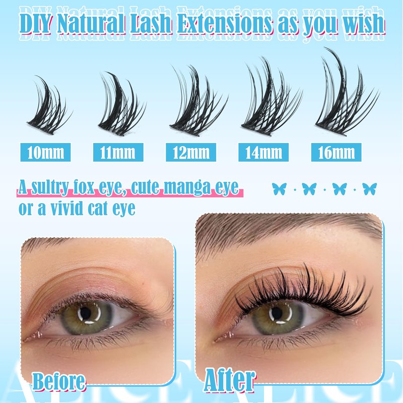 ALICE Natural Lash Clusters Kit Cluster Eyelash Extension Kit Left & Right Fluffy Wispy DIY Lash Extension Kit 144pcs 3D Anime C-Curly Eyelash Clusters Kit with Lash Glue Bond and Seal and Tweezers