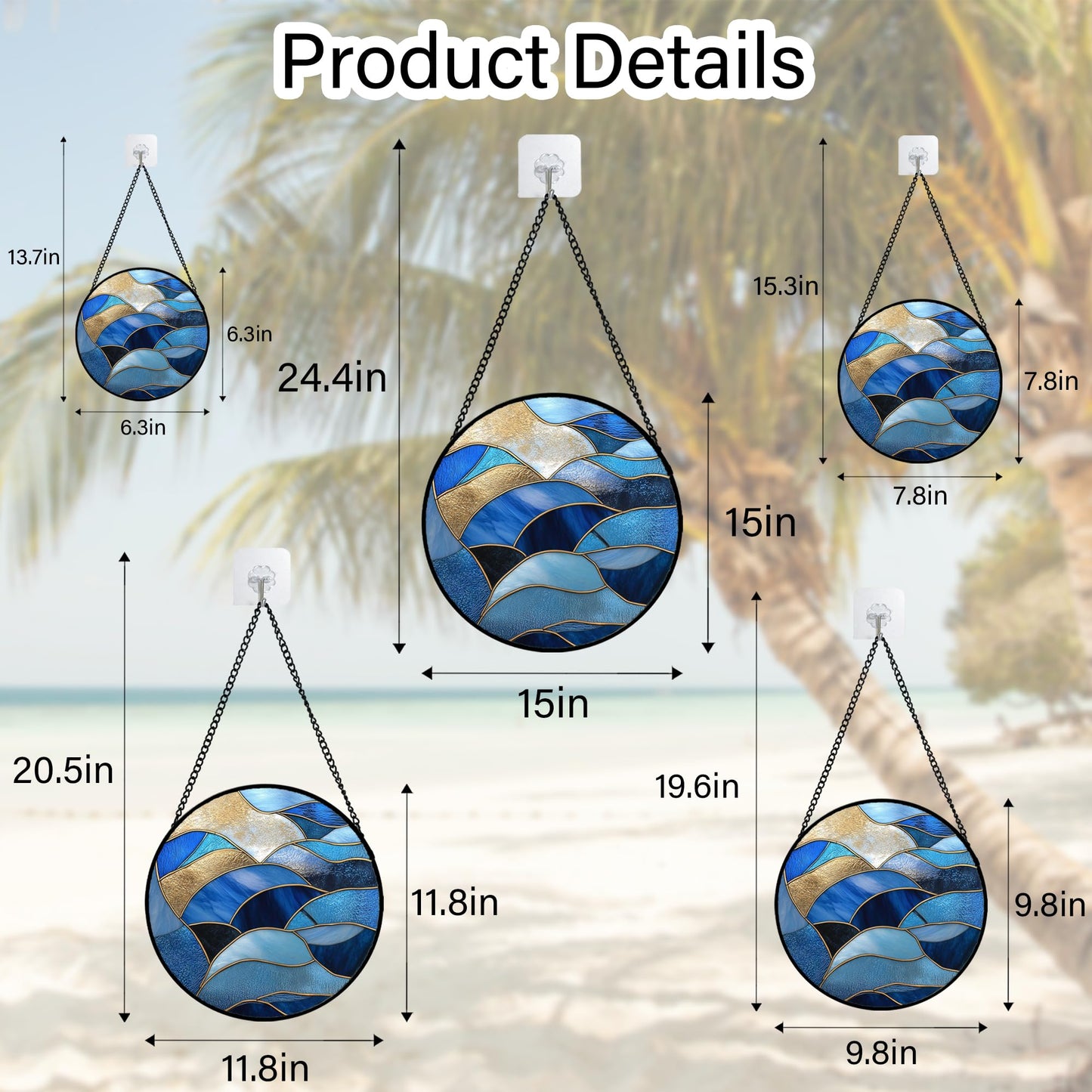 GEFOS Stained Glass Window Hanging Blue Golden Ocean Waves 7.8" - Suncatcher Door Garden Sunroom Sun Catcher Home Decor Housewarming Birthday for Mom Grandma Men Woman