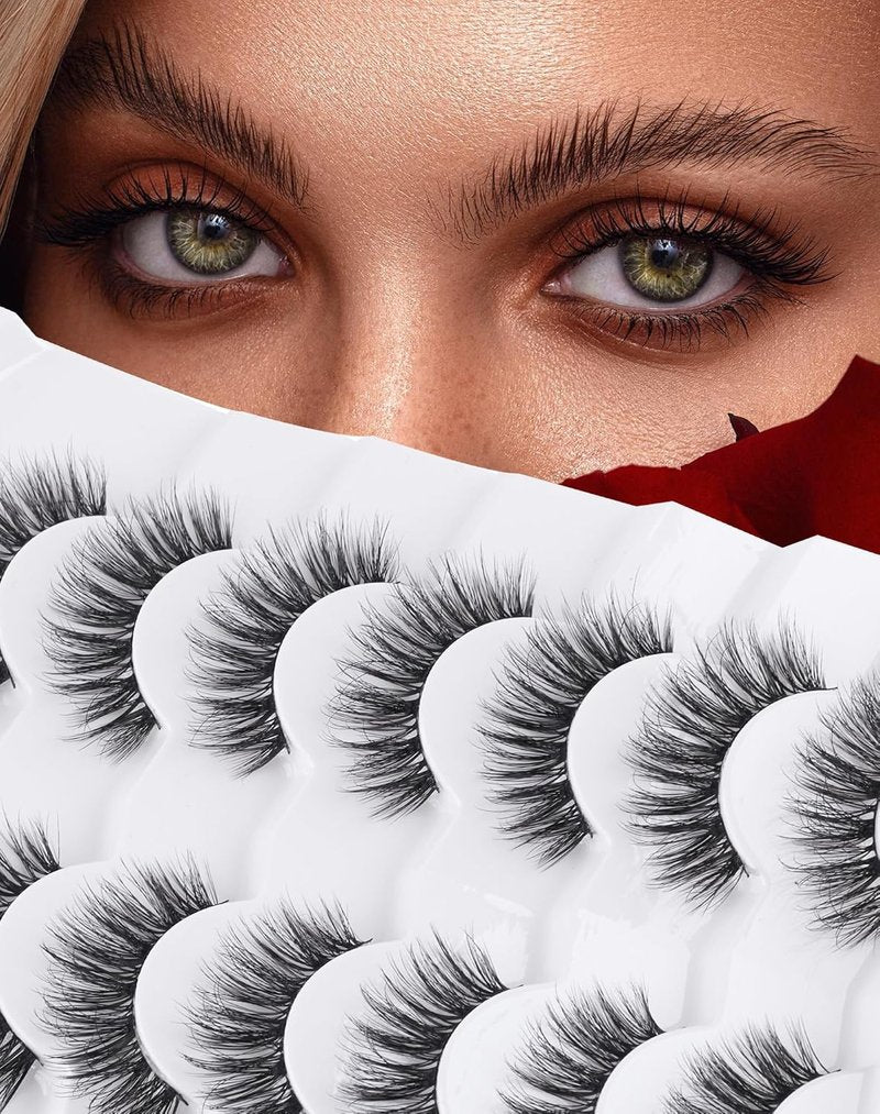 Jiocolor 3D Faux Mink Lashes - Natural Looking Short Wispy Eyelashes | 14mm, 7 Pairs Fluffy Pack