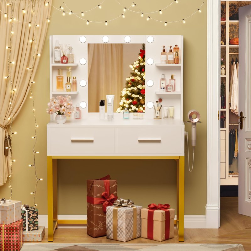 Acurax Vanity Desk with Mirror and Lights, Makeup Vanity Table with 6 Storage Shelves & 2 Drawers, 3 Color Modes, Charging Station, White & Golden