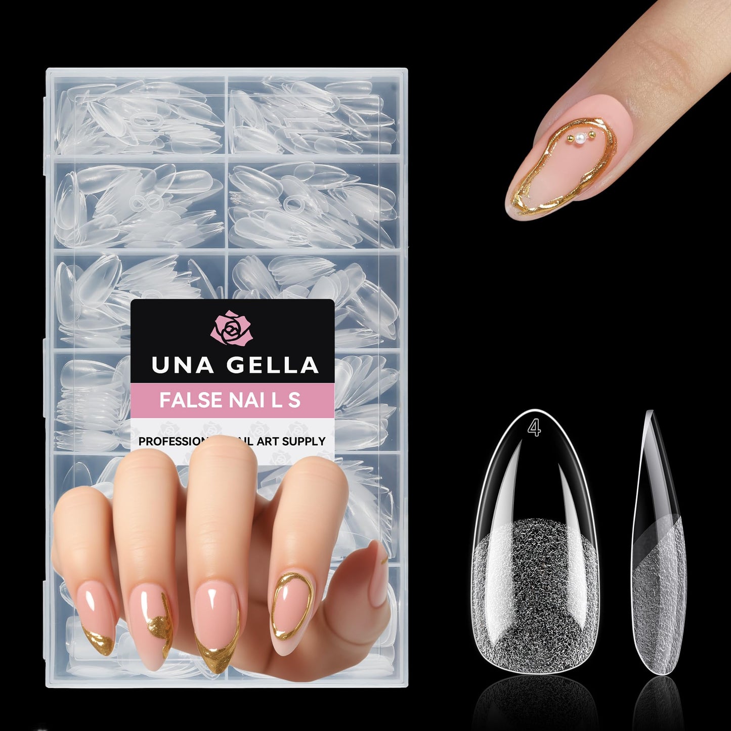UNA GELLA Medium Almond Nail Tips, 312pcs Gel Nail Tips Almond Shape, Pre Etched Full Cover Clear Fake Acrylic Pointed Press On Nails No C Curve for Nails Extension Art DIY Salon 12 Sizes