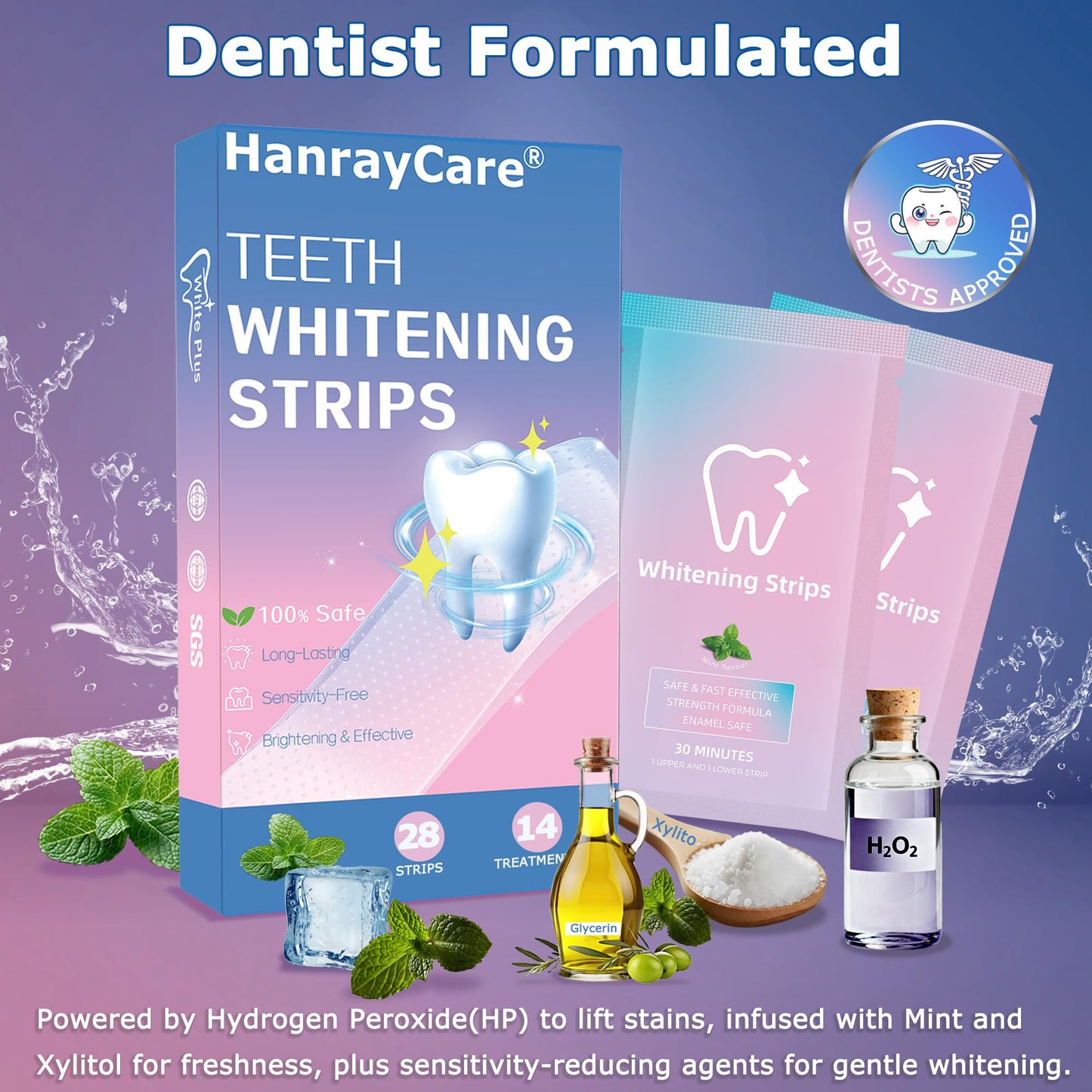 HanrayCare Premium Teeth Whitening Strips, Ultra-Thin, No Residue, Non-Slip, Enamel-Safe, Dentist Formulated for Professional Whitening at Home, 30-Min Fast Results, Deep Stains Removal Efficiently