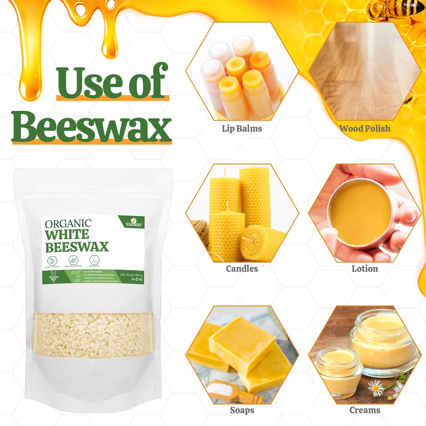 YASNAY White Beeswax Pellets 2LB, Organic Beeswax, Bees wax for Candle Making, Body, Skin Care DIY, Lip Balm and Soap Making Supplies