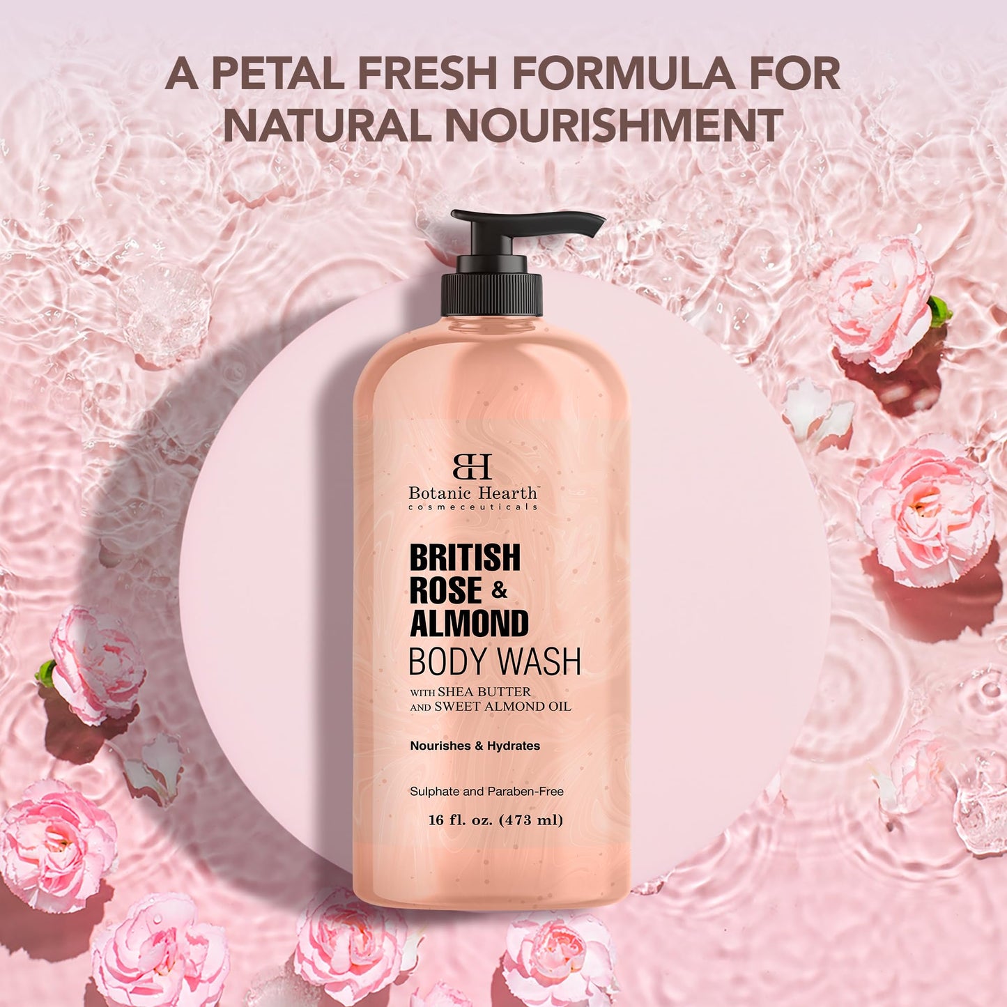 Botanic Hearth British Rose & Almond Body Wash – Moisturizing Shower Gel with Shea Butter, Gentle Hydrating Cleanser, Sulfate & Paraben Free – 16 fl oz