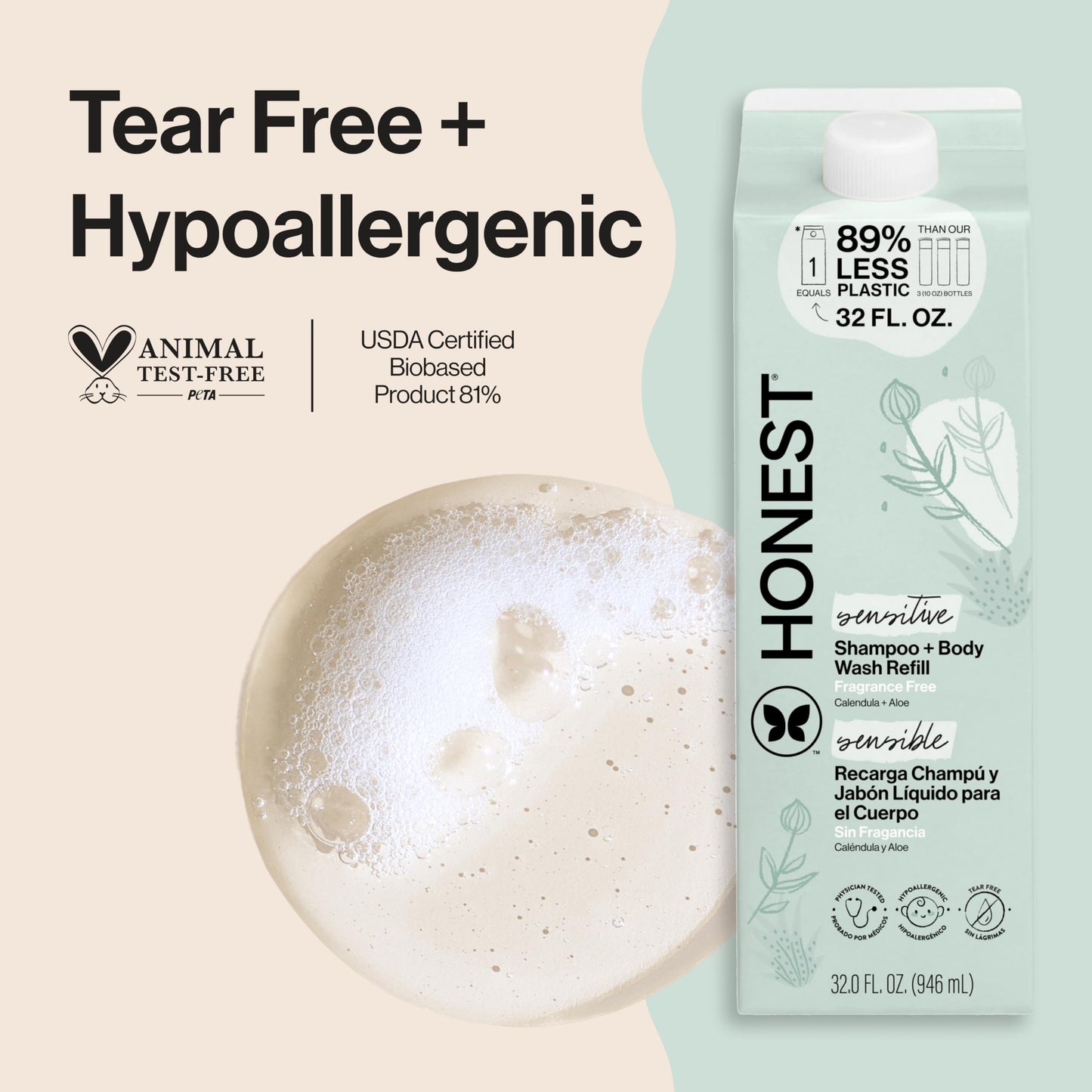 The Honest Company 2-in-1 Cleansing Shampoo + Body Wash, Gentle Enough for Baby, Dermatologist Tested, Tear-Free, Hypoallergenic, Fragrance-Free
