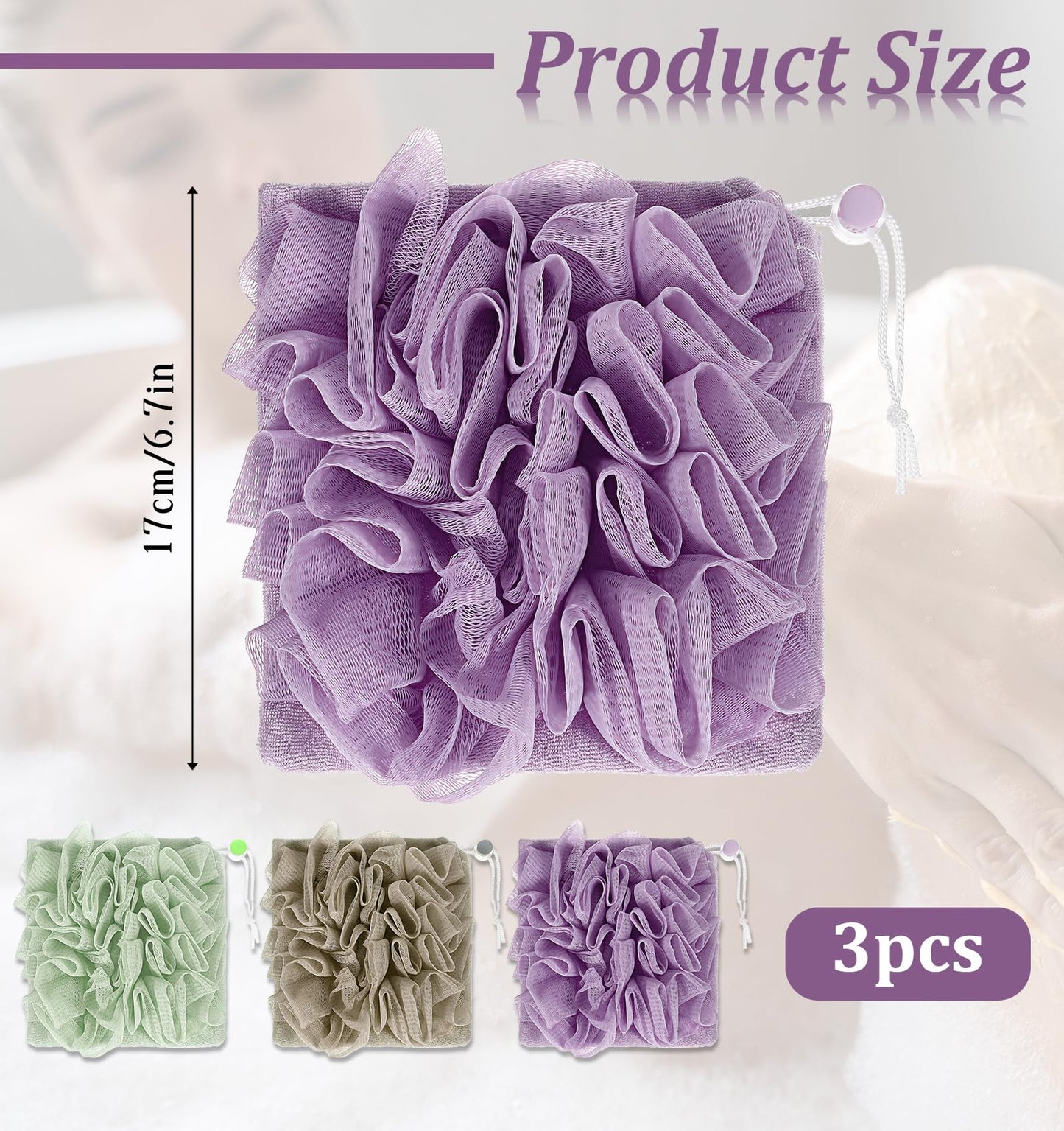 3 PCS Loofah Washcloth Combo 2-in-1, Soap Bar Loofah Exfoliating Shower Pouf with Bar Soap Pocket Body Scrubber Exfoliating Loofa for Women & Men Bath Accessories Cleaning Tool (Green Purple Khaki)