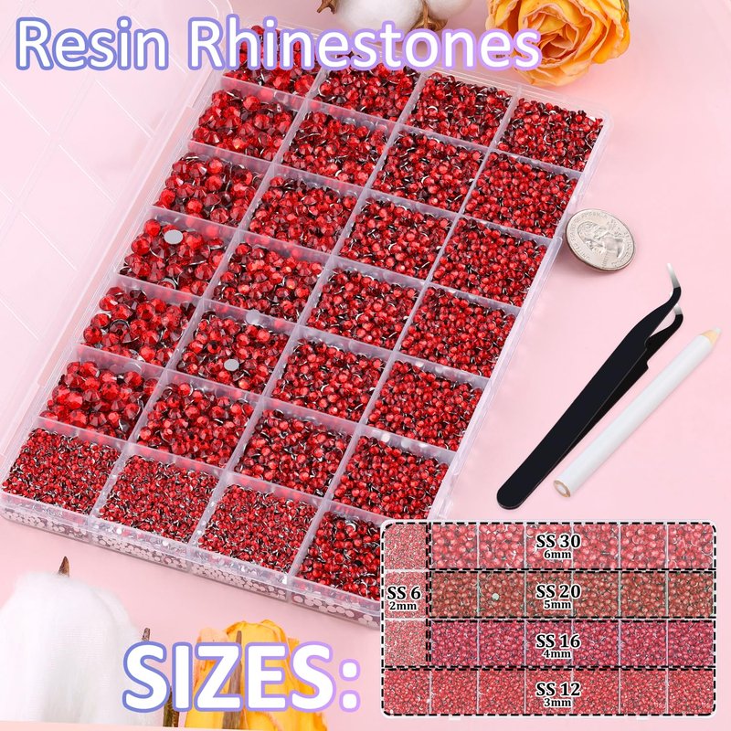 30000Pcs Resin Rhinestones for Bedazzling with Tweezers, Red Rhinestones for Crafting with 3Pcs 10ml B7000 Jewelry Glue for DIY Crafts Clothing Tumblers Shoes Fabric Nail Art