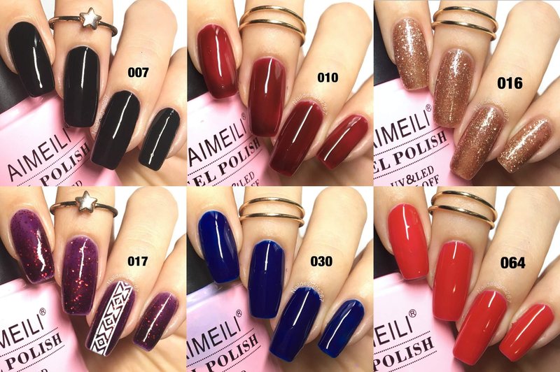 AIMEILI Hema Free Gel Nail Polish, Cruelty Free, Vegan, Soak Off U V LED Nail Lacquer, Black Wine Red Blue Glitter Color Gel Set Of 6pcs X 10ml - Kit Set 21