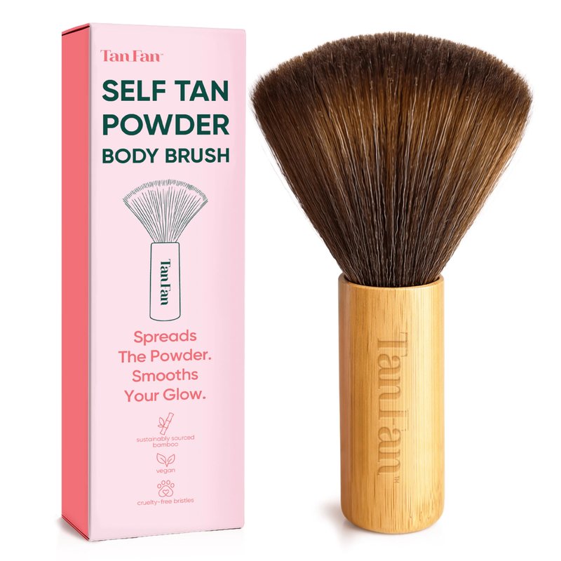 Self Tan Drying Powder Body Brush - Essential Accessory To Remove Stickiness from Self Tanner - Sets Tan + Smooths Skin - Eco Bamboo Handle - Hypoallergenic Ultra-Soft Bristles - XLarge 6” x 3.5”