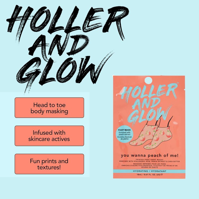 Holler And Glow Printed Foot Mask Variety Pack, Masks For Dry Cracked Feet, Peach & Vanilla Scented, Infused With Hyaluronic Acid, Hydrating Foot Care Treatment, Moisturizing Socks, 6 Piece Set