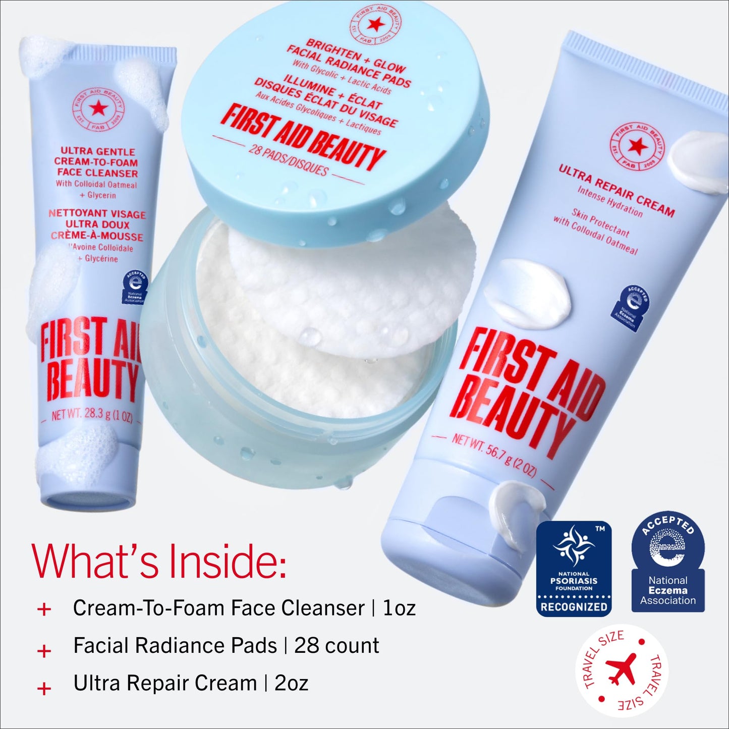 First Aid Beauty Sensitive Skin Skincare Routine Set, Ultra Gentle Cleanser + Facial Radiance Pads + Ultra Repair Cream, Fragrance Free Hydrating & Exfoliating Travel Kit, 3-Piece Gift Set
