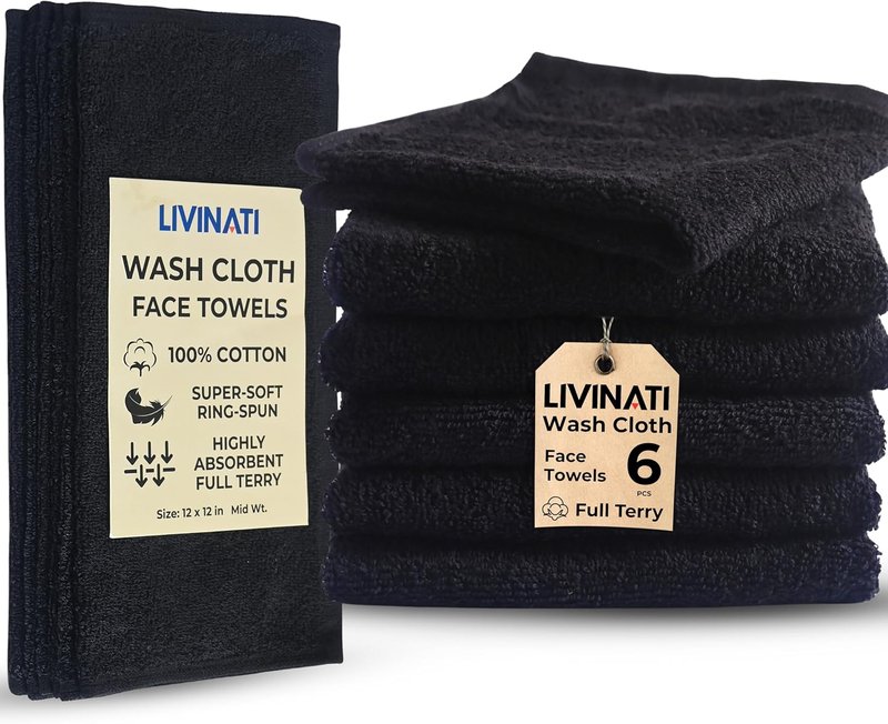 Cotton Wash Cloths - Soft Absorbent 100% Cotton Shower & Face Towels | 12" x 12" | 6 Pack