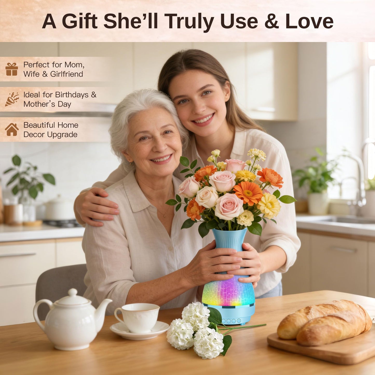 3-in-1 Vase Bluetooth Speaker With Ambient Light & White Noise, 8H Playtime, Water-Safe Flower Vase for Bedroom, Living Room Decor, Mother's Day,Birthday Gift for Women, Mom, Wife or Girlfriend