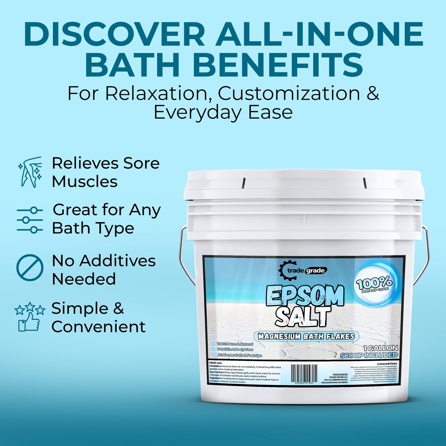 TradeGrade Epsom Salt Bath Soak 1 Gallon Bucket – Unscented, Pure Epsom Salt Bulk Crystals, Magnesium Sulfate for Full Body or Foot Soaks, Resealable Container for Home Bath Use