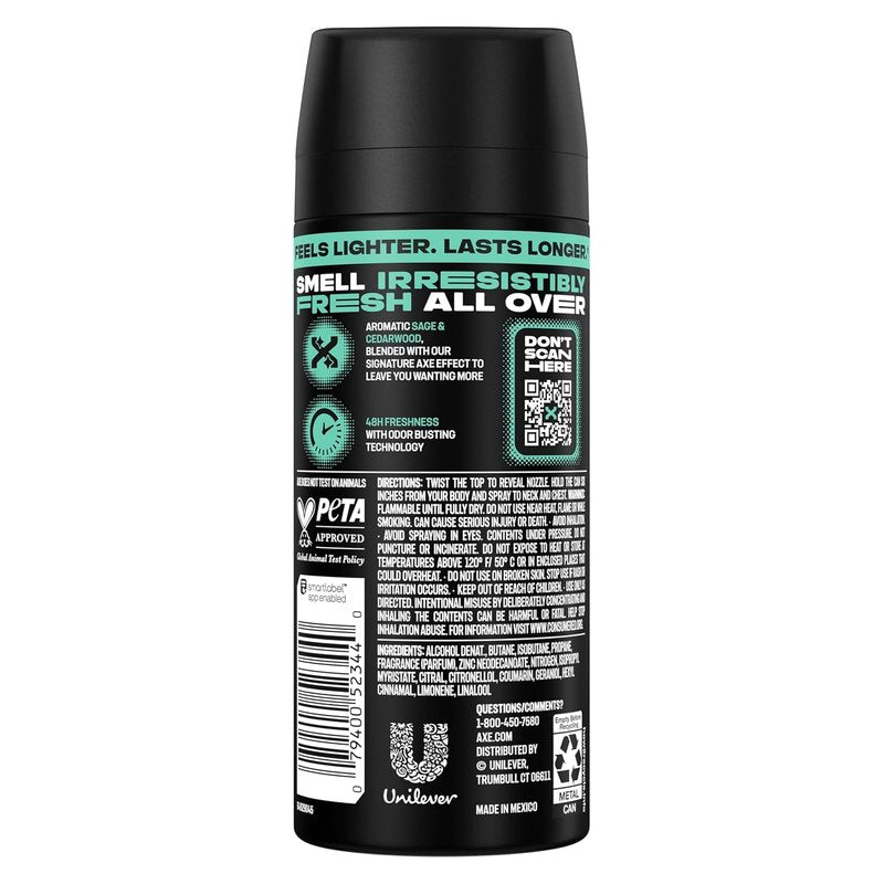 AXE Body Spray 4 Count Apollo 48 Hour All Over Fresh Aluminum Free 2.9 oz