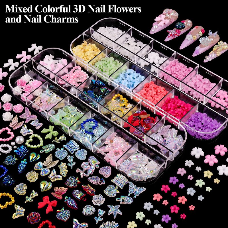 8 Boxes Nail Charms and Gems for Manicure, Flat Pearls Nail Flowers Nail Rhinestones and Charms for Nail Art, Colorful Pearl Nail Charm Nail Bows Multi Shapes Flatback Nail Design Kit Nail Accessories