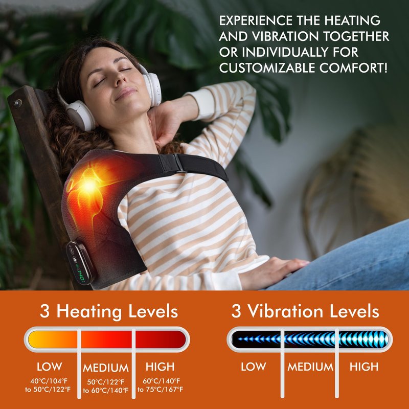 EpixCare Shoulder Heating Pad Massage - 3 in 1 Cordless Electric Vibration Heated Brace Compression Wrap Massager - Warmer Device to Support Deep Tissue Relief Therapy Rotator Cuff Pain Frozen Arm