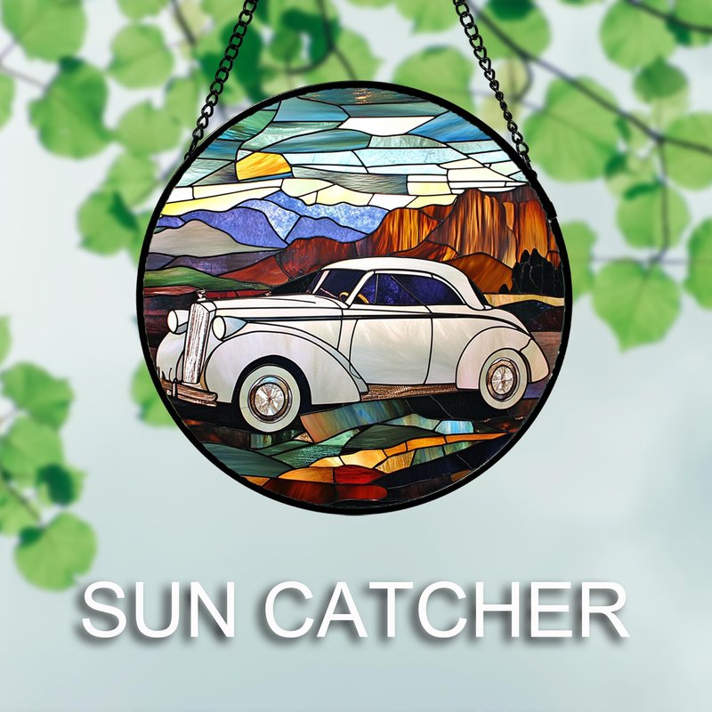 QZQCBLC Stained Glass Window Hanging Retro Desert Car Landscape 6.3" - White Suncatcher Door Terrace Garden Home Decor Birthday Christmas for Mom Men Woman Friend Nana Wife