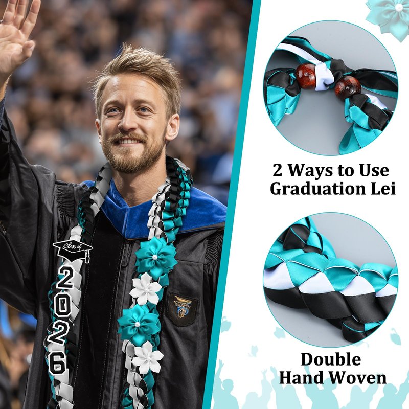 Lyrow Dark Teal Black 50'' 2026 Graduation Lei Double Braided Strands Graduation Ribbon Leis with 4 Satin Flowers Congrats Graduates Money Leis Class of 2026 Gift for Men Women