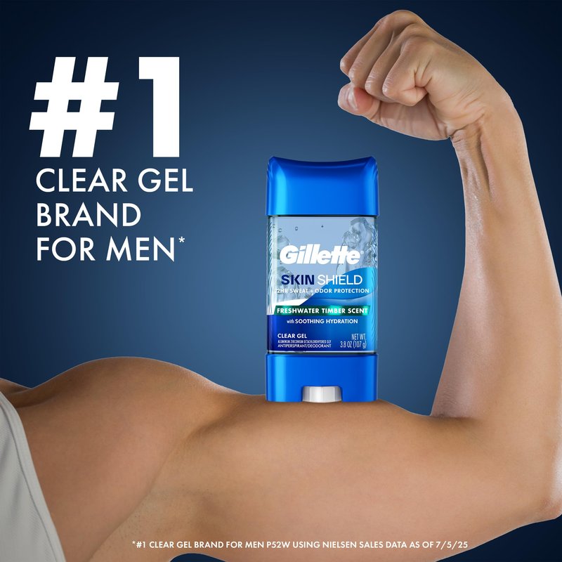 Gillette Antiperspirant Deodorant for Men, SkinShield, 72hr Sweat & Odor Protection, Fights 99% Odor-Causing Bacteria, Soothing Hydration with Vitamin E, Clear Gel, Freshwater Timber Scent, 3.8 oz