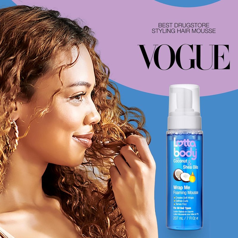 Lottabody Wrap Me Foaming Mousse - Lightweight Curl-Defining & Frizz-Control Formula | Coconut & Shea Oils, 7 oz