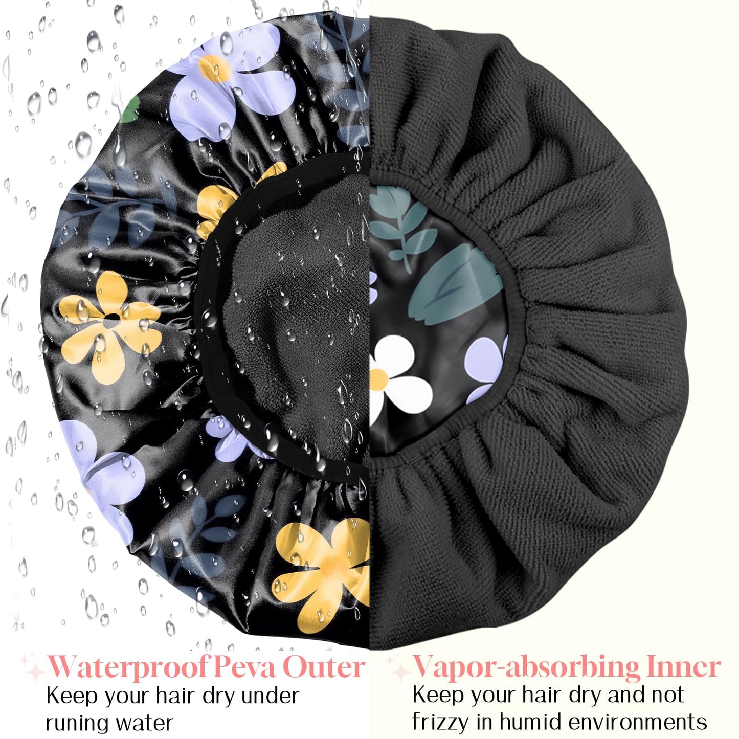 Zewurtuw Luxury Shower Cap Terry Cloth Lined EVA Waterproof Reusable Triple Layer Elastic Hair Bath Caps for Women Girls Cute-Purple Flower