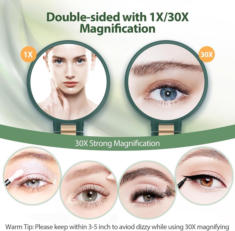 30X Magnifying Hand Mirror - Double-Sided Portable Makeup Mirror | Travel Essential, Green