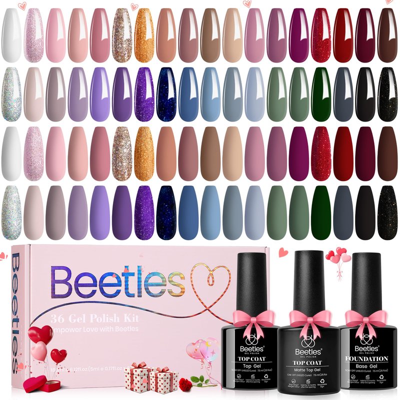 beetles Gel Polish Kit 20 Pcs Free Spirit Collection Burgundy Red Glitte Blue Gray Purple Gel Nail Polish Soak Off Glossy & Matte Top Base Coat DIY Manicure Gifts for Women