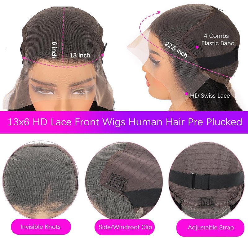 Caijuxing 34 Inch Water Wave Lace Front Wigs Human Hair 200 Density 13x6 HD Lace Front Wigs for Women Pre Plucked Wet and Wavy Human Hair Wig Glueless Deep Curly Frontal Wigs Human Hair Natural Black