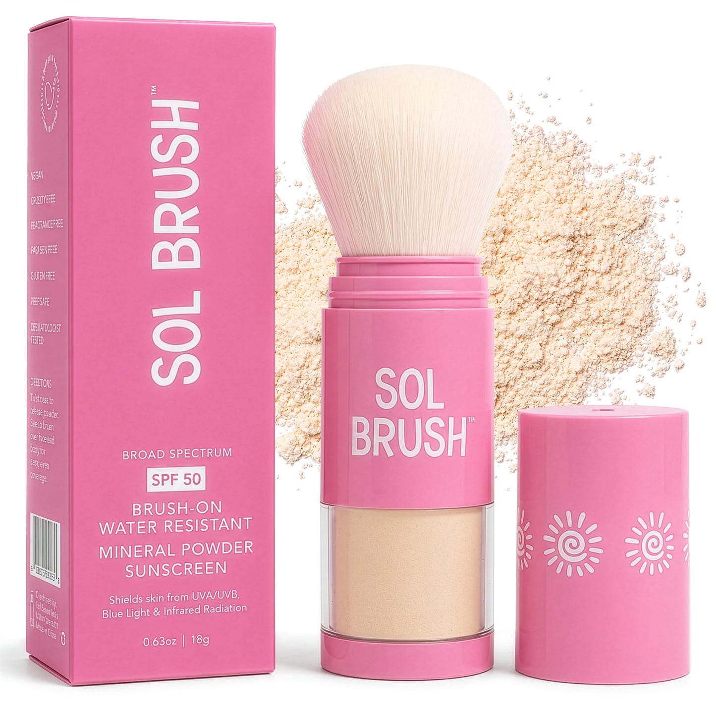 Sol Brush SPF 50 Mineral Sunscreen Powder, Broad Spectrum UVA/UVB Protection Sunscreen, Mess Free Brush On Applicator, Clean & Cruelty Free, Water Resistant (80 Minutes), Pink, Fair