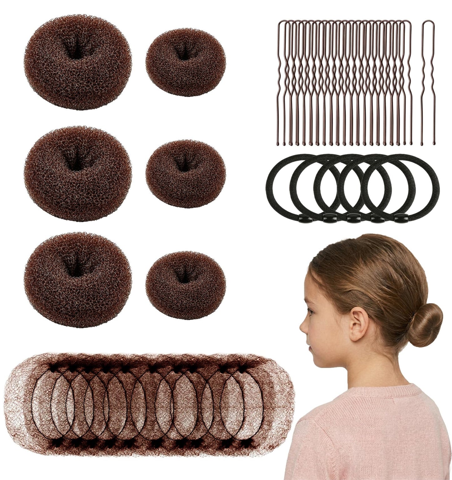 whisrvival 10 Hair Nets & 6 Hair Donut Bun Maker(2" Small & 3" Medium) - 41Pcs Sock Bun Kit Includes 12" Invisible Hairnets, 20 U Bobby Pins & 5 Hair Ties for Girl Woman Dance Ballet (Brown)