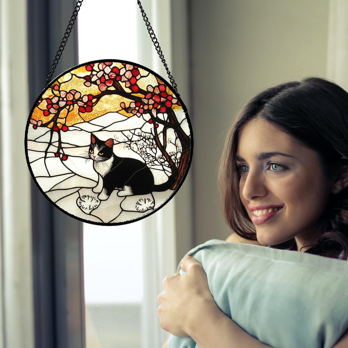 GEFOS Stained Glass Window Hanging Black and White Cat in The Snow Large 15" - Suncatcher Door Garden Sun Catcher Home Decor Birthday Christmas for Cat Lovers Mom Men Woman Nana