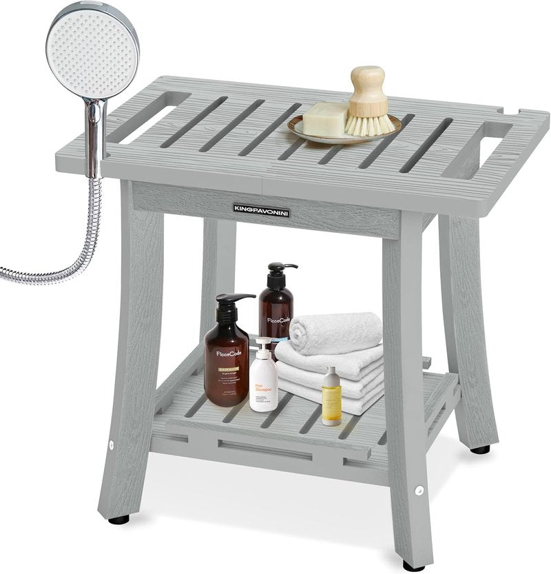 KingPavonini HDPS Shower Benches for Inside Shower to Sit on, Waterproof Shower Stool for Shaving Legs, Heavy Duty 400LBS Shower Seat with Storage Shelf, Shower Chair for Bathroom/Indoor/Outdoor Use