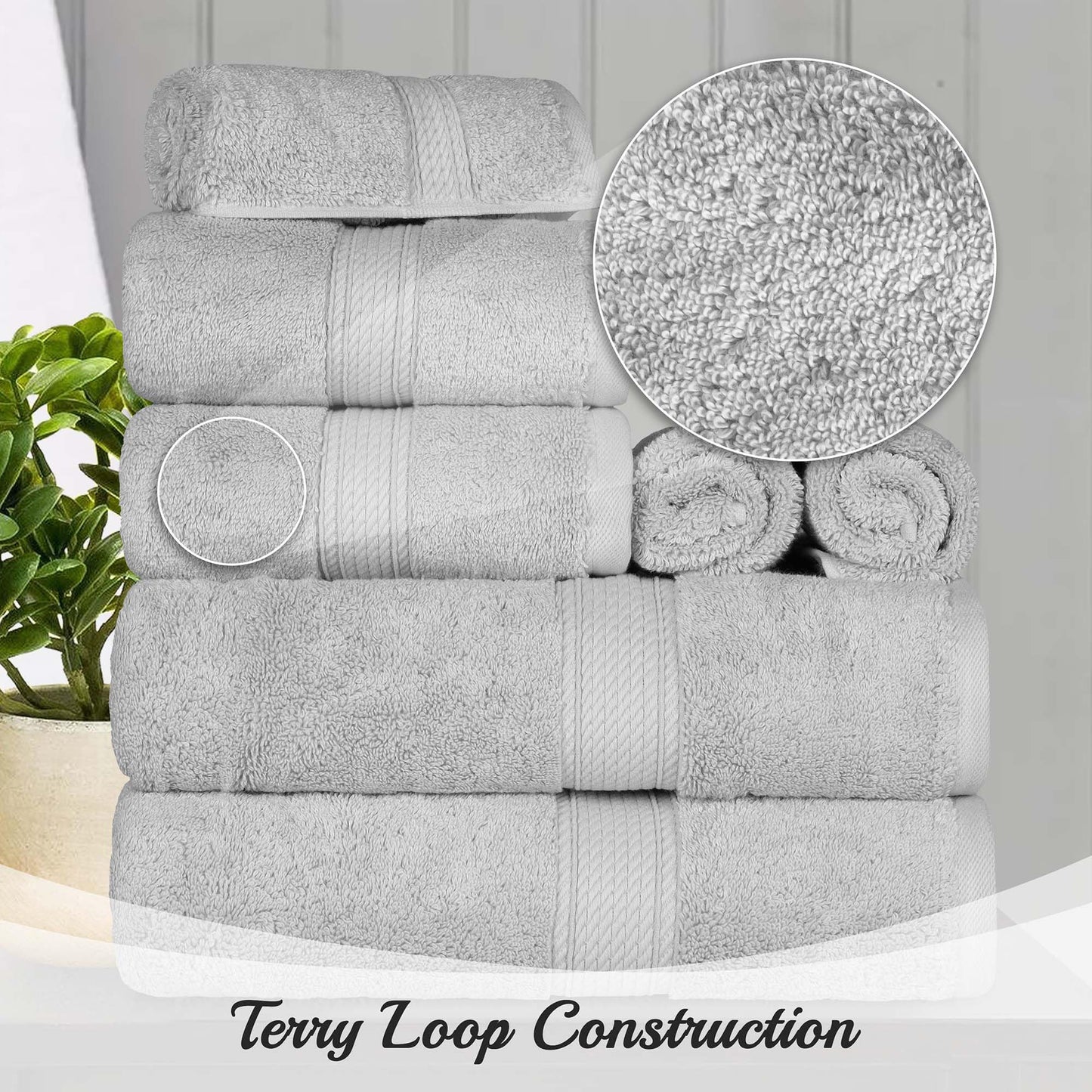 SUPERIOR Egyptian Cotton Pile 8 Piece Towel Set, Includes 2 Bath, 2 Hand, 4 Face Towels/Washcloths, Ultra Soft Luxury Towels, Thick Plush Essentials, Guest Bath, Spa, Hotel Bathroom, Silver