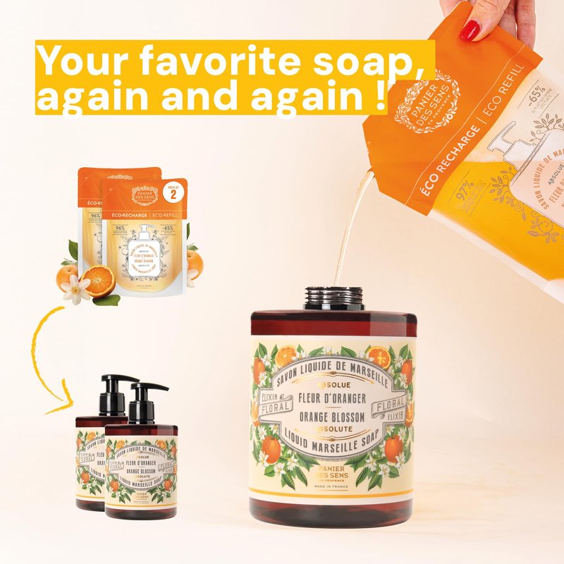 Panier des Sens Hand Soap Refill – Eco Value Pack, 8 Scents Available – Savon de Marseille Liquid Soap Refills – Hand Wash for Bathroom & Kitchen – Orange Blossom, 97% Natural, 2x16.9 Fl Oz