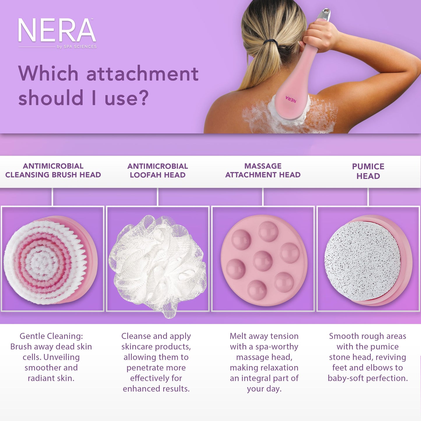 Spa Sciences - NERA - 4-in-1 Shower/Bath Body Brush for Exfoliation, Deep Cleansing, Foot Care, Lotion Infuser, and Massage