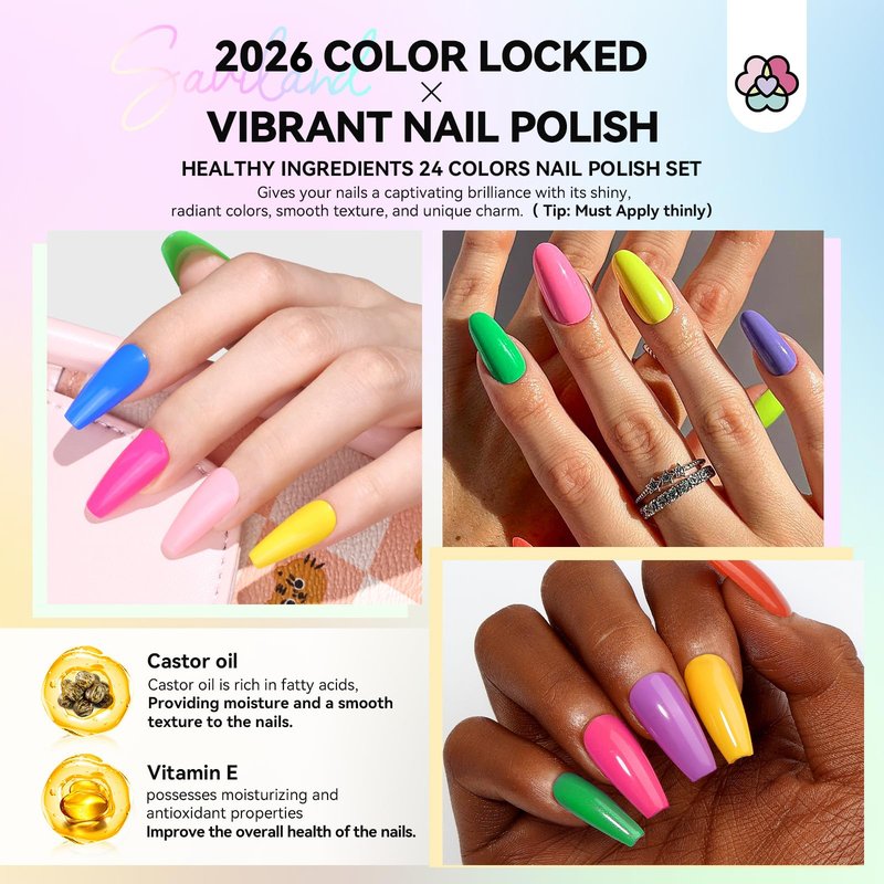 SAVILND Nail Polish Set: Bright Pink Yellow Red Quick Dry Nail Polish Kit with Glitter 24 Colors Regular Finger Nail Polish Non Gel Long Lasting DIY At Home Manicure Gift Set