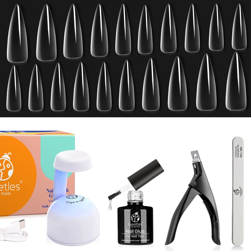 Beetles Gel Nail Kit Easy Nail Extension Set 5 In 1 Nail Glue Gel Base Coat with Pre shaped Medium Stiletto Gel Nail Tips Led Nail UV Lamp Acrylic Nail Clipper for Nail Art Diy
