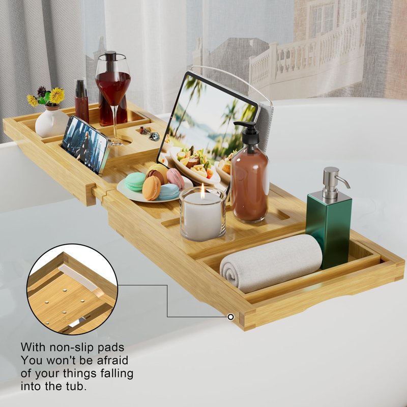 Bathtub Caddy Tray for Tub,Foldable Bath Table Trays,Bamboo Shelf with Book and Wine Glass Holder,Bathroom Accessories Suitable for Luxury Spa or Reading,Natural