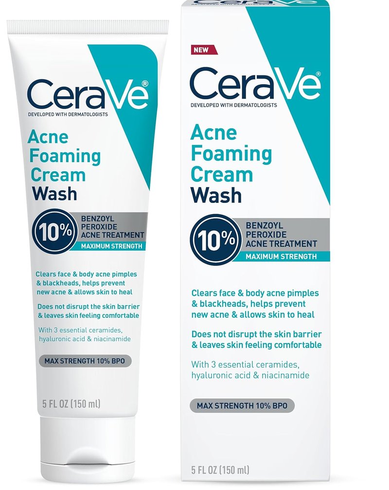 CeraVe Acne Foaming Cream Wash - Gentle Cleanser with 10% Benzoyl Peroxide & Hyaluronic Acid | 5 Oz