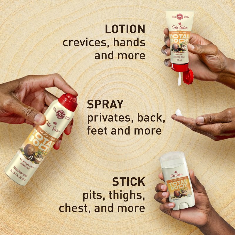 Old Spice Whole Body Deodorant Spray for Men, Aluminum Free, 24/7 Odor Protection, Dermatologist Tested, Gentle on Skin, Safe for Chest, Thighs, Feet, Whole Body Use, Vanilla + Shea Scent, 3.5 oz