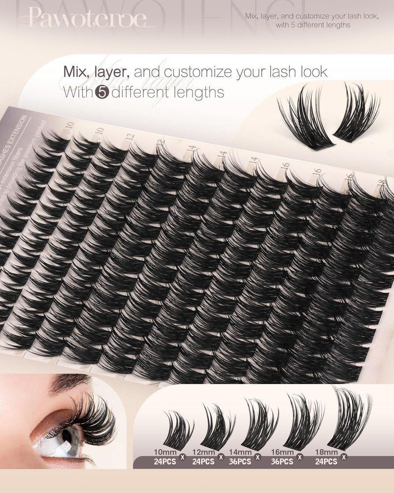 Pawotence Manga Lash Clusters 10-18mm Eyelash Clusters 144pcs Cluster Eyelash Extensions Anime Cluster Lashes Individual False Eyelashes for DIY Lash Extension