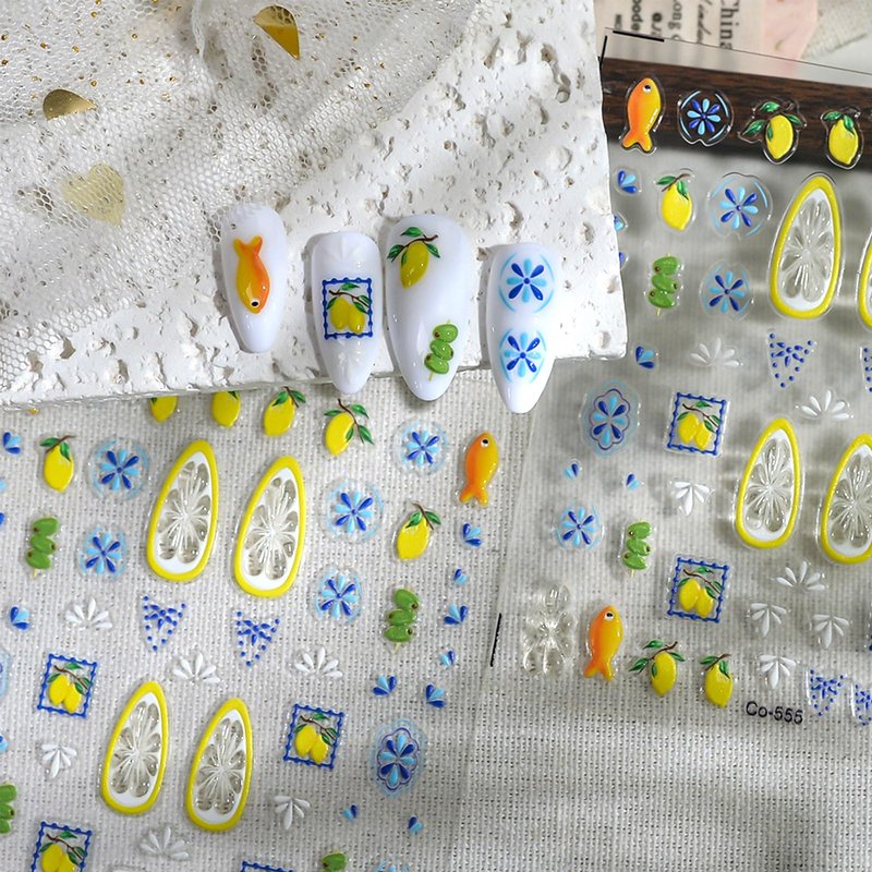 Bohemian Nail Art Stickers 5D Embossed Lemon Fruit Small Fish DIY Nail Design Stickers 2Pcs Self Adhesive Boho Style Blue Floral Nail Decals for Women Summer Vacation Manicure Decoration