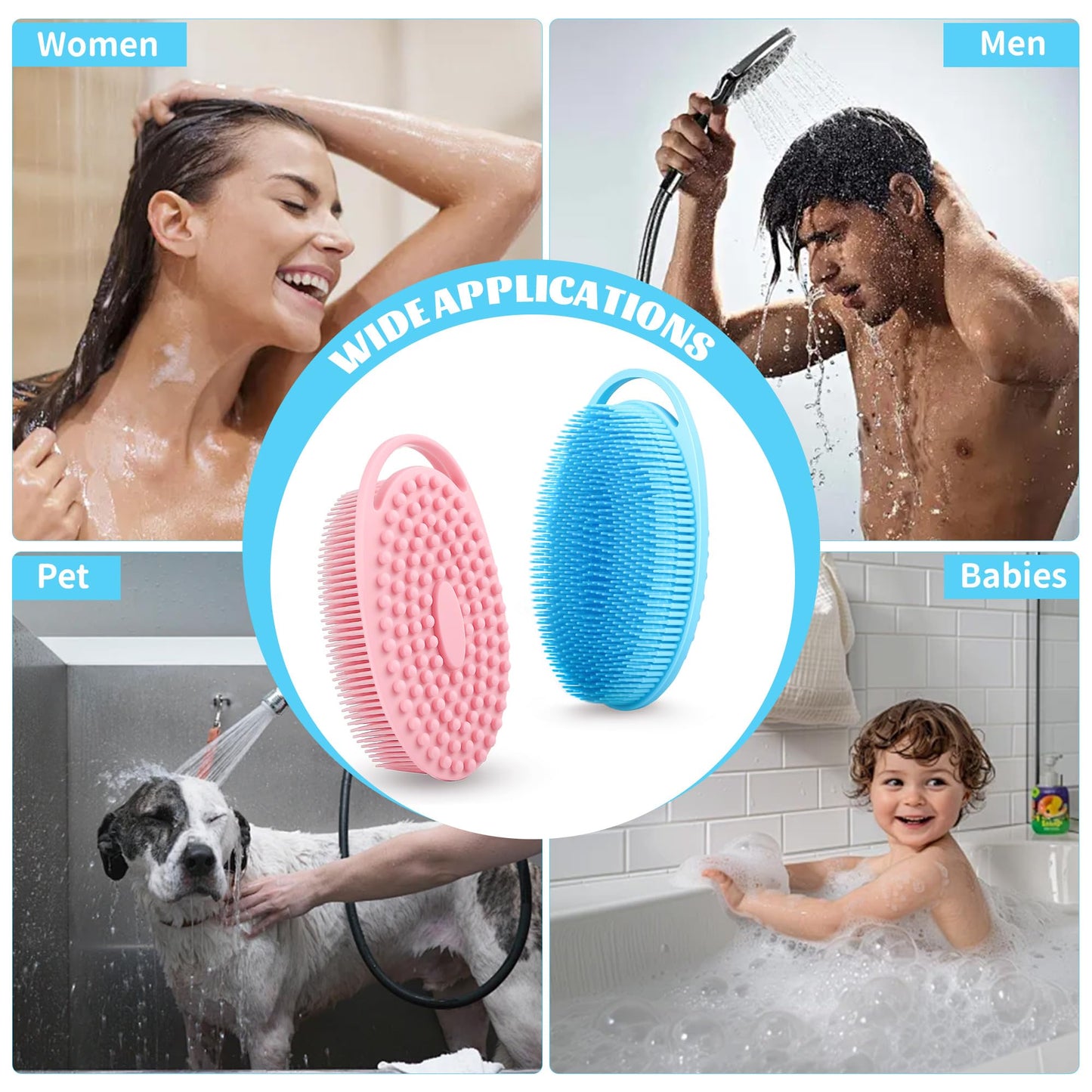 Soft Silicone Body Scrubber Loofah - 2 Pack Rubber Loofah 2 in 1 Bath and Shampoo Brush, Silicone Body Shower Brush Scrubber Cleaning Exfoliating Use for Sensitive Skin, Lather Well, Pink and Blue