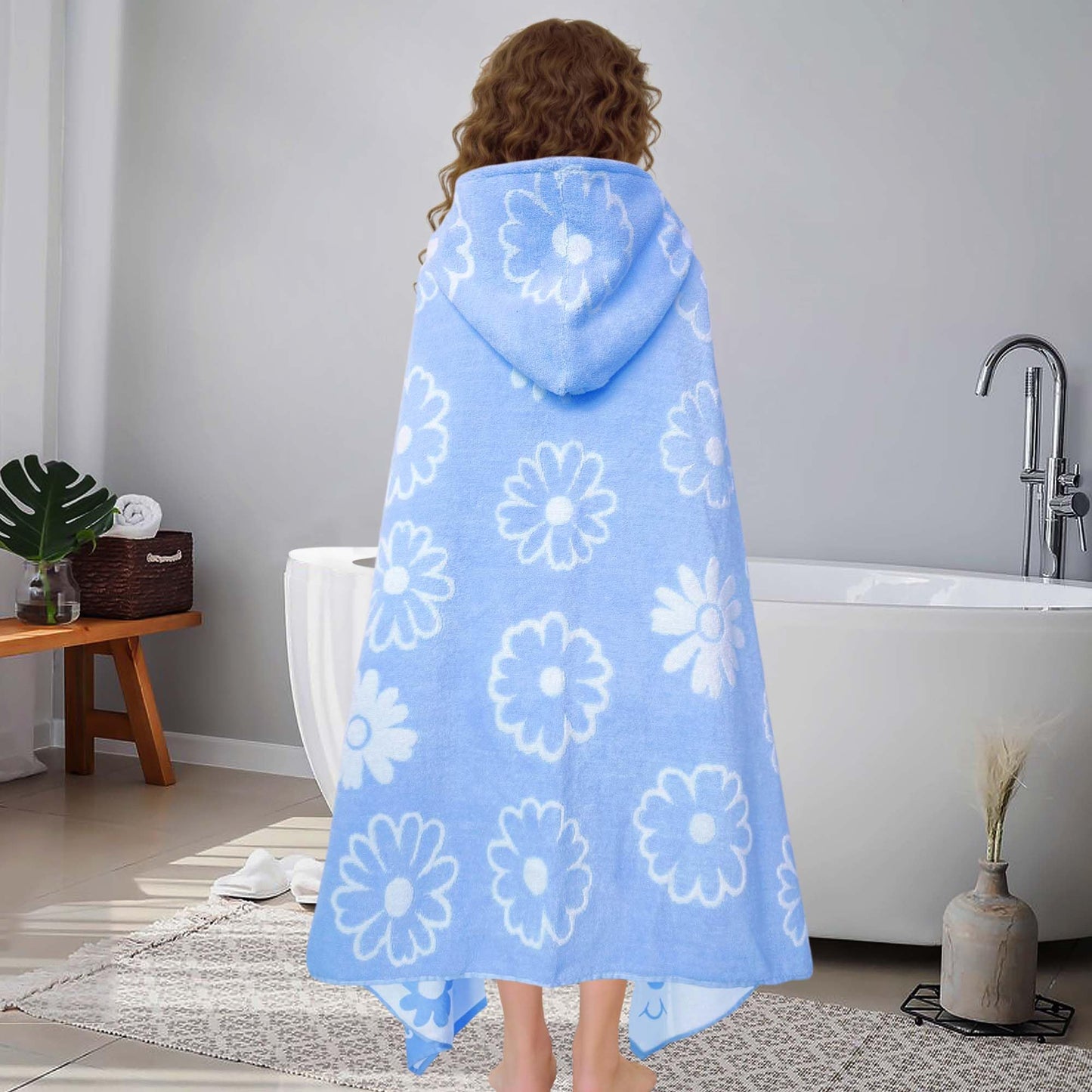 VOOVA & MOVAS Hooded Bath Towels for Teens/Big Kids (8Years Up) | Soft Absorbent 100% Cotton Thick Towel Wrap | Versatile Beach, Pool, Swim & Bath Cover-Up | Jacquard Blue Daisy